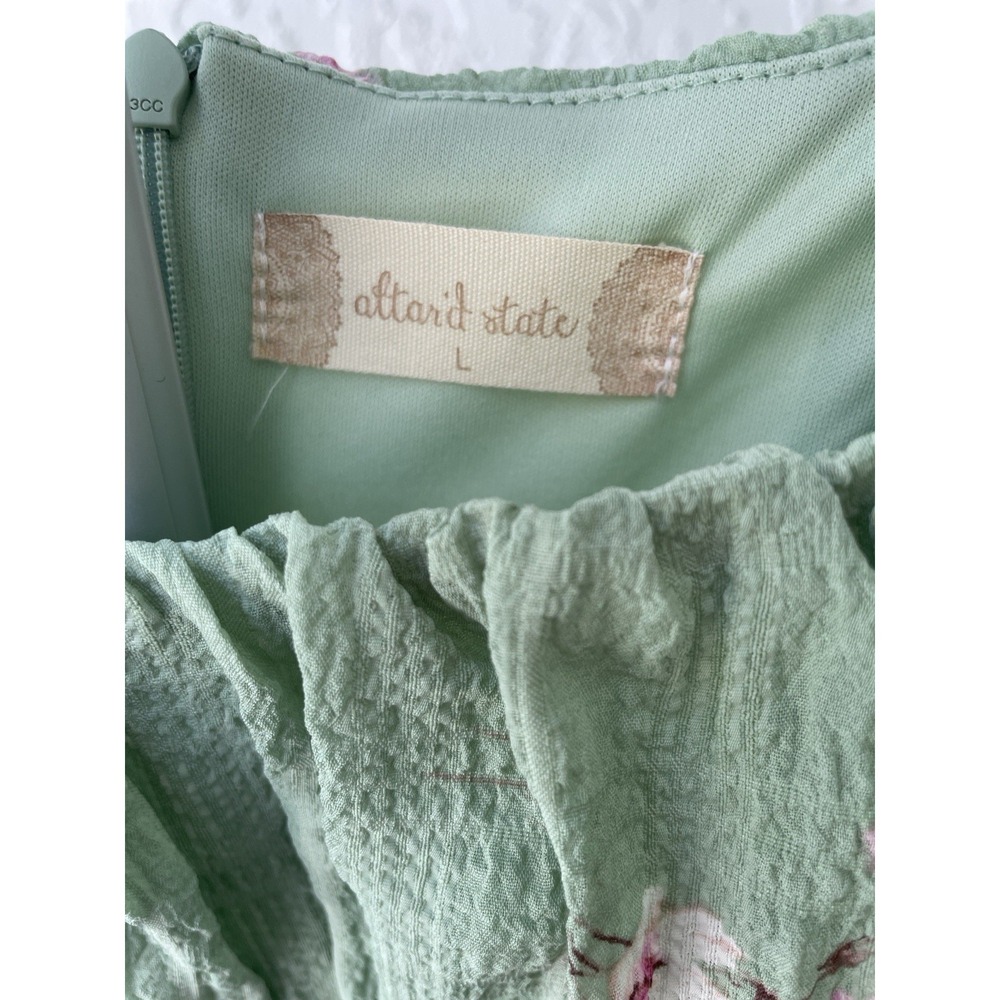 Altar'd‎ State Sage Green Floral Seersucker Ruffle Mini Dress Large Tie Back L - Picture 5 of 9